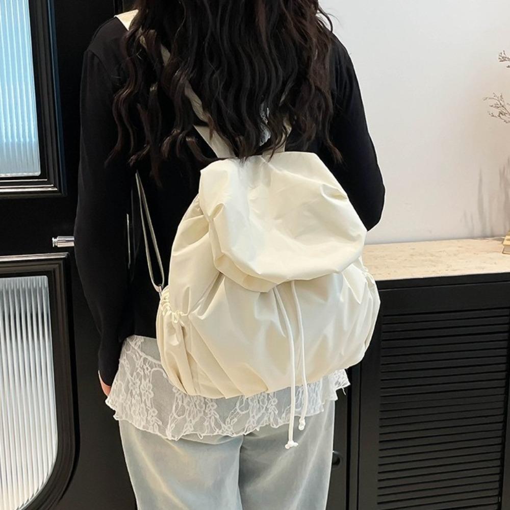 Pleated Nylon Backpack Solid Color Sports Shoulders Bag Casual Drawstring Backpack  College