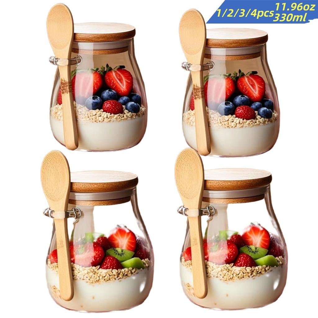 1/2/3/4Pcs, 330ml Glass Cup, Salad Bowl, Glass Jar with Lid, Glass Oatmeal Cup, Modern Round Kitchen Glass Storage Jar, Glass Sealed Jar Oatmeal Jar w