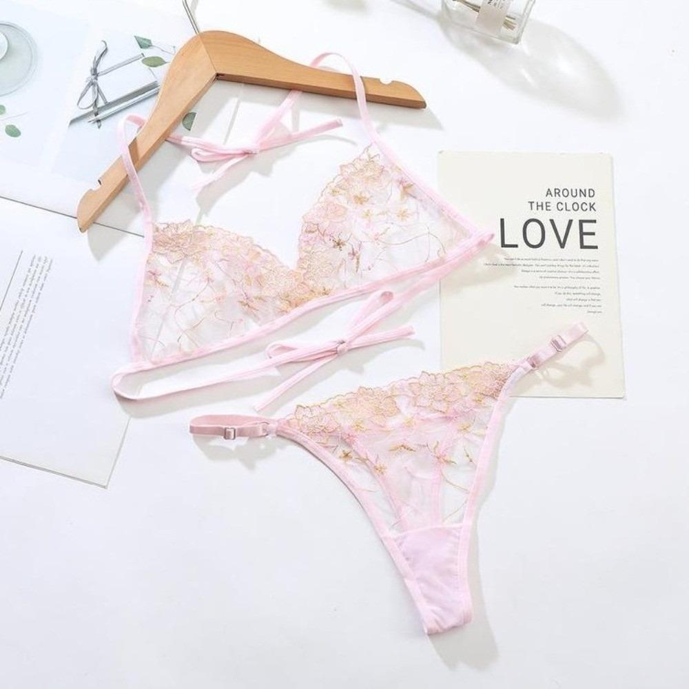 Thin Belt Thong Sheer Flower Thong Bra Set Embroidery Underwear for Women Romantic Night
