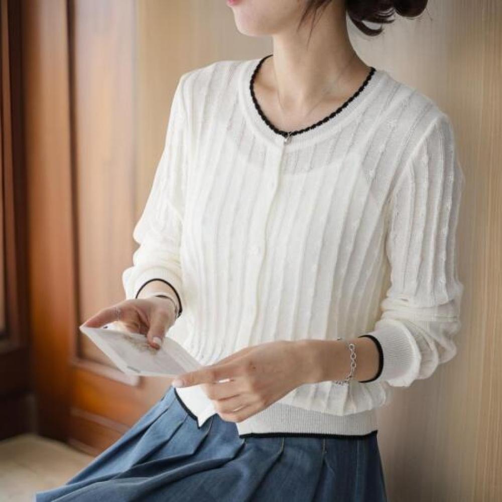 New Arrivals Open Run Sheer Embossed Stripe Spring Knit Two Tone Cardigan