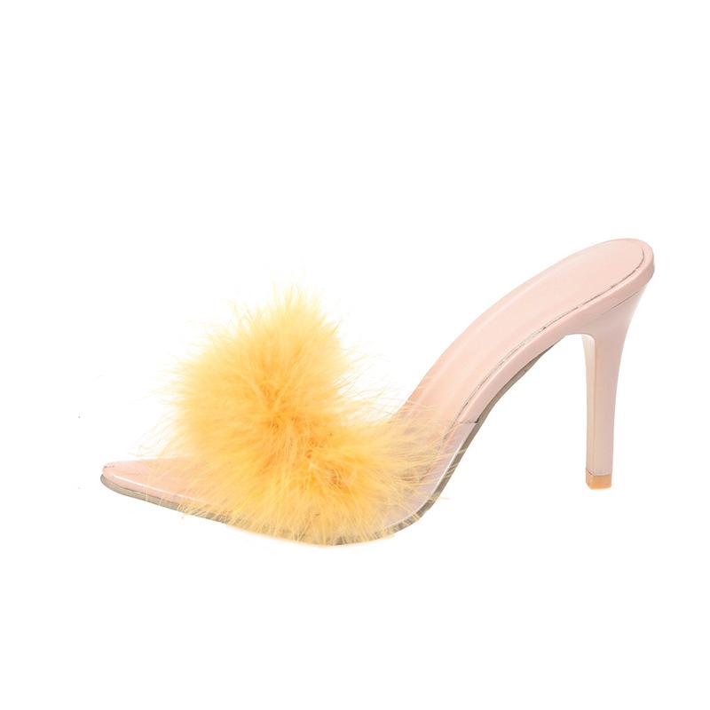 Women Slippers High Heels Fur Stiletto Peep Toe Mules Ladies Indoor Rubber Pointed Red Summer Sexy Shoes Comfortable