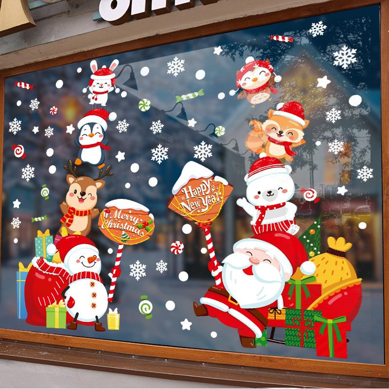 Santa Claus Family Photo Electrostatic Sticker Glass Door Snowman Restaurant Scene Snowflake Atmosphere Sticker