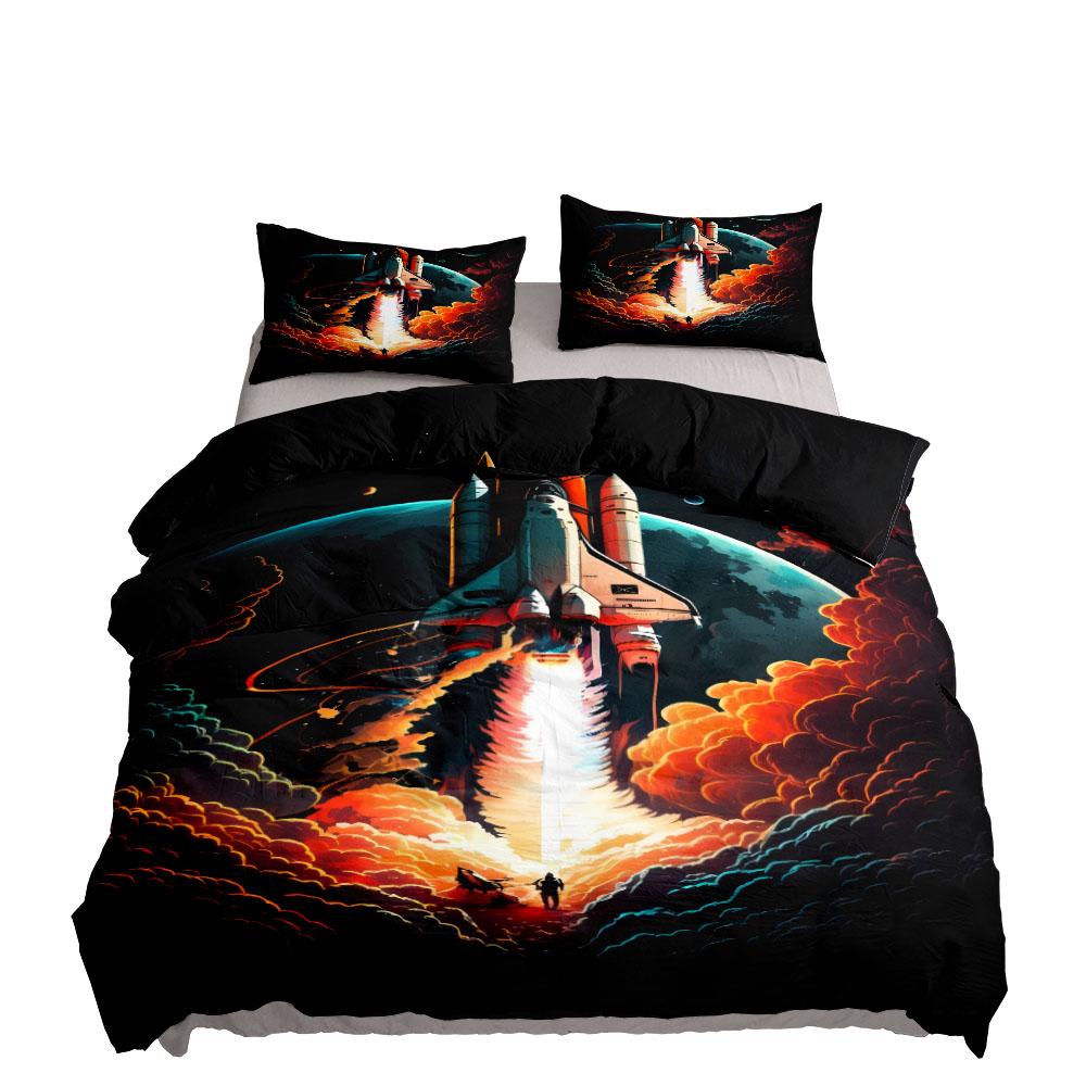 Rocket Takeoff Duvet Cover Set King Queen Double Full Twin Single Size Boys Bed Linen Set