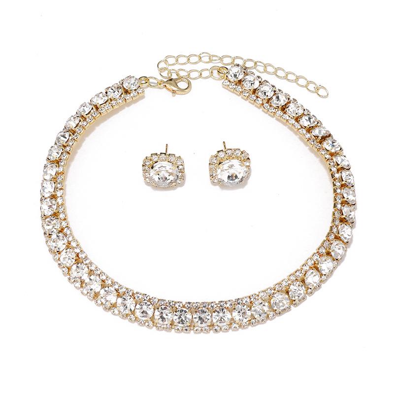 Rhinestone Square Stud Earrings  Necklace Set - Elegant and Versatile for Women.
