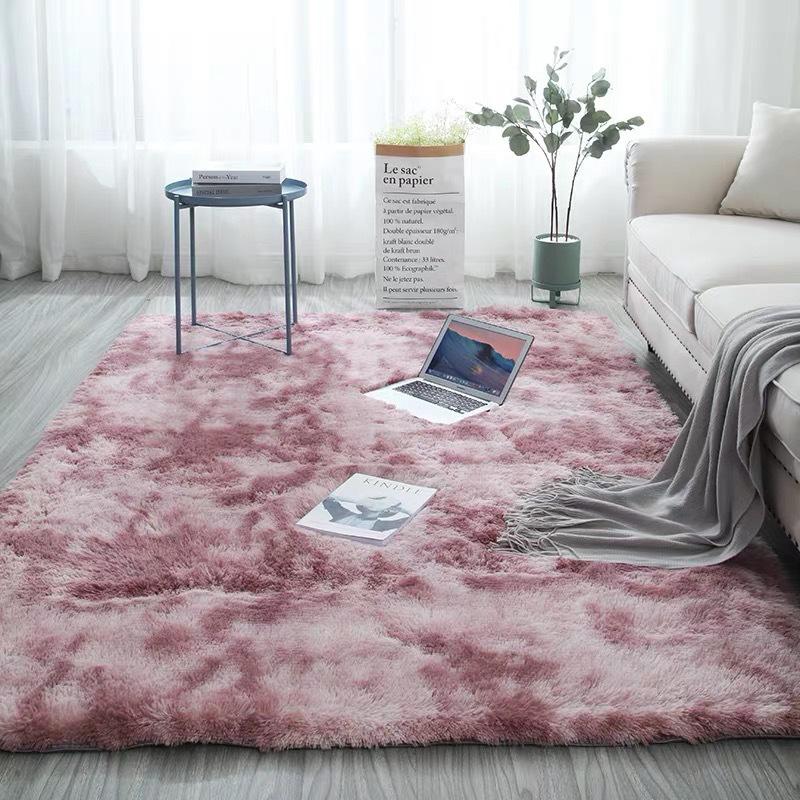 Silk and Wool Tie-Dye Plush Long-Pile Rug for Bedroom and Living Room