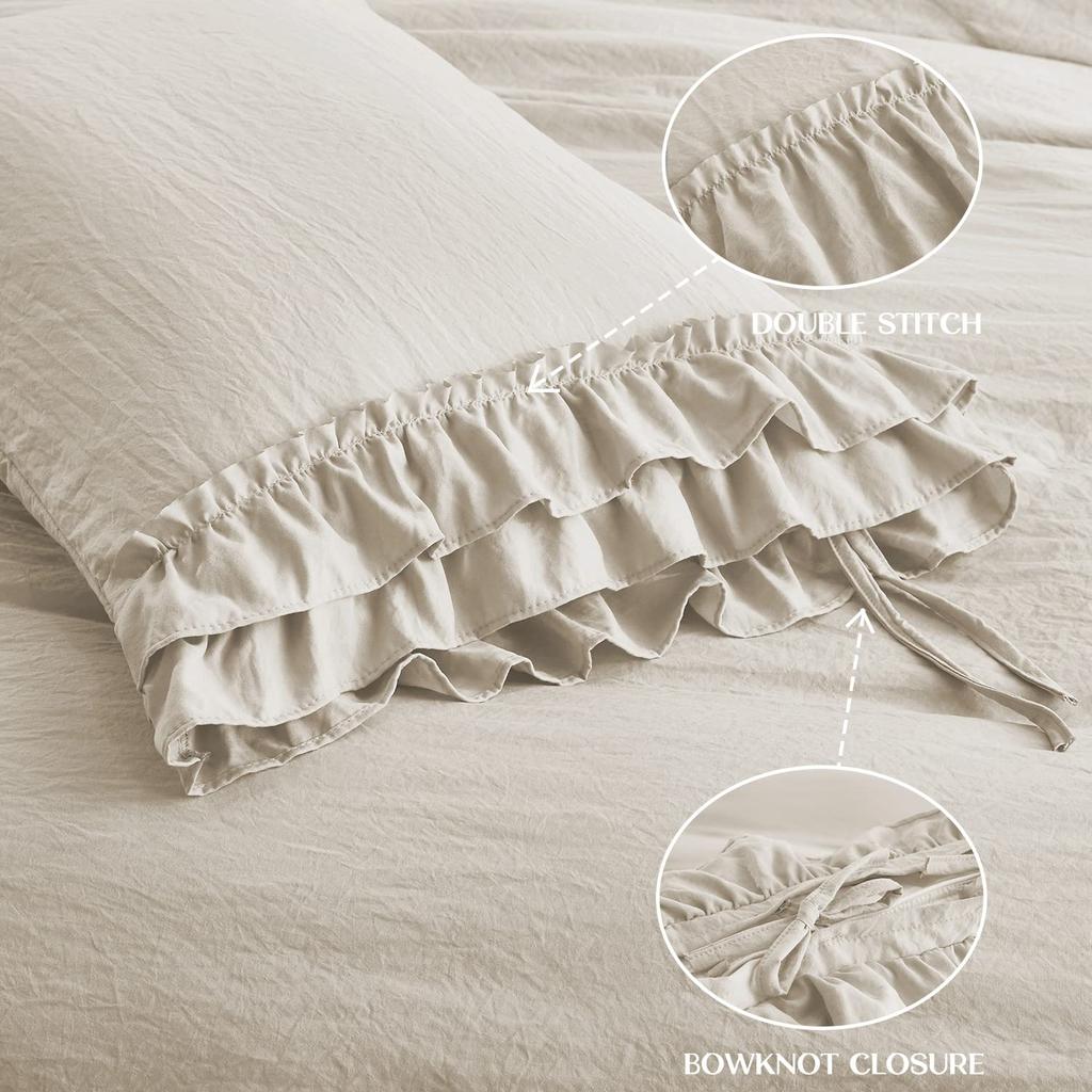 3 Piece Ruffled Duvet Cover Set Queen,Farmhouse Ruffle Comforter Set,Cozy Bedding Set - 1 Ruffle Comforter and 2 Pillowcases