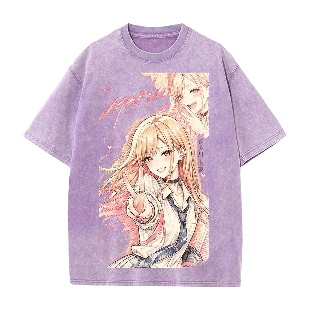 Anime My Dress Up Darling Kitagawa Marin Printed Tee Men Women Short Sleeve Cotton Tshirts Washed Clothing Vintage Streetwear