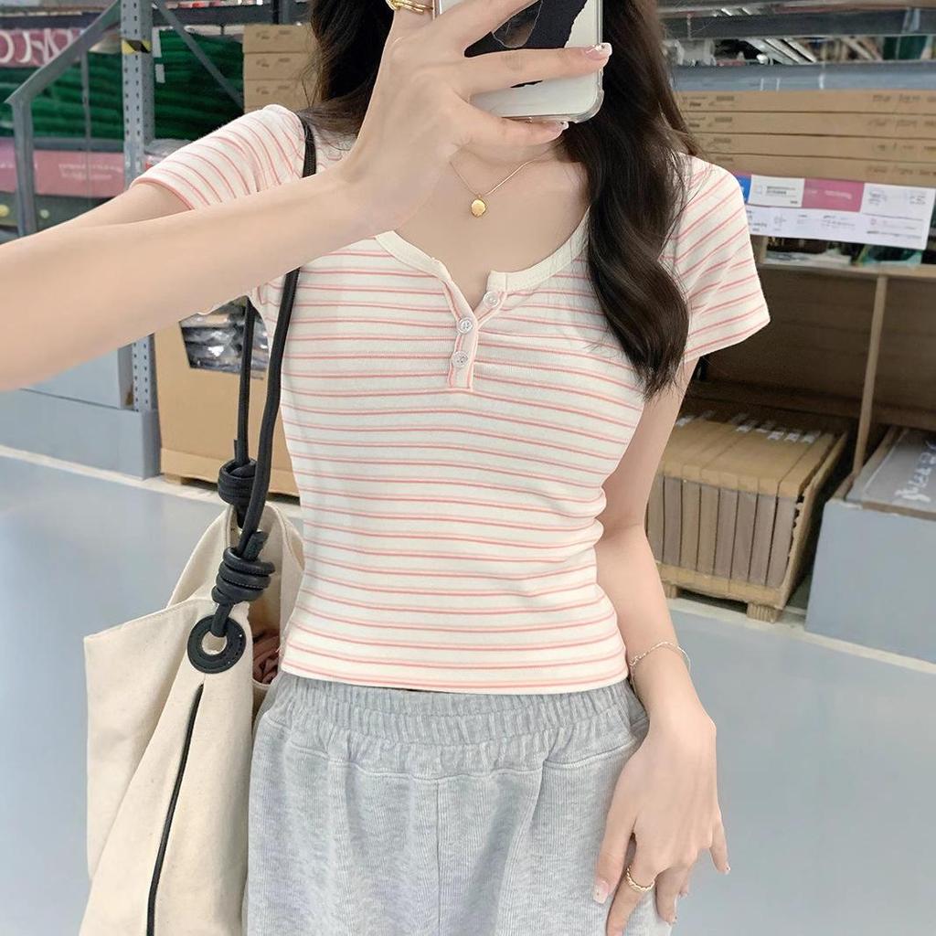 Women's Striped Short Sleeve Slim T-Shirt with Half-Open Collar - 2025 Summer Fashion