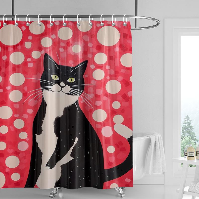 

Pink Cat Shower Curtain, Black Spots & Multicolor Dots Design, Waterproof Bathroom Decor For Modern & Playful Homes W60H190(CM)-1 Pcs