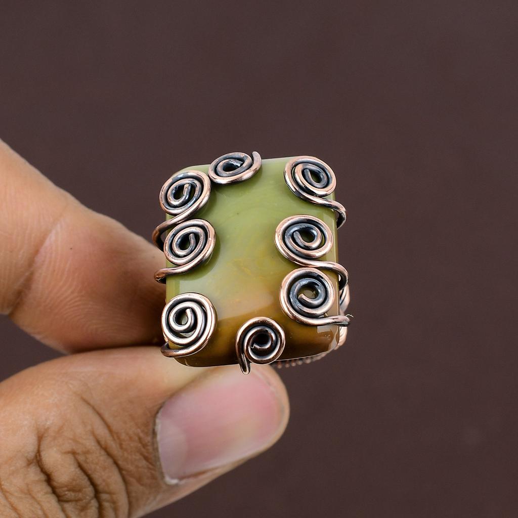 Natural Green Jasper Gemstone Handmade Copper Wire Wrap Ring Size 8.5 k1o82