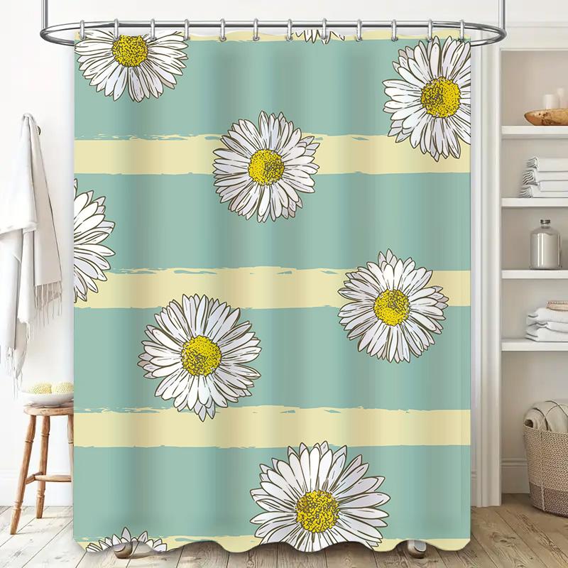 Chic Floral Print Shower Curtain with Yellow Stripe Bath Decor Luxury Waterproof Home Decoration Modern Bathroom Accessories F