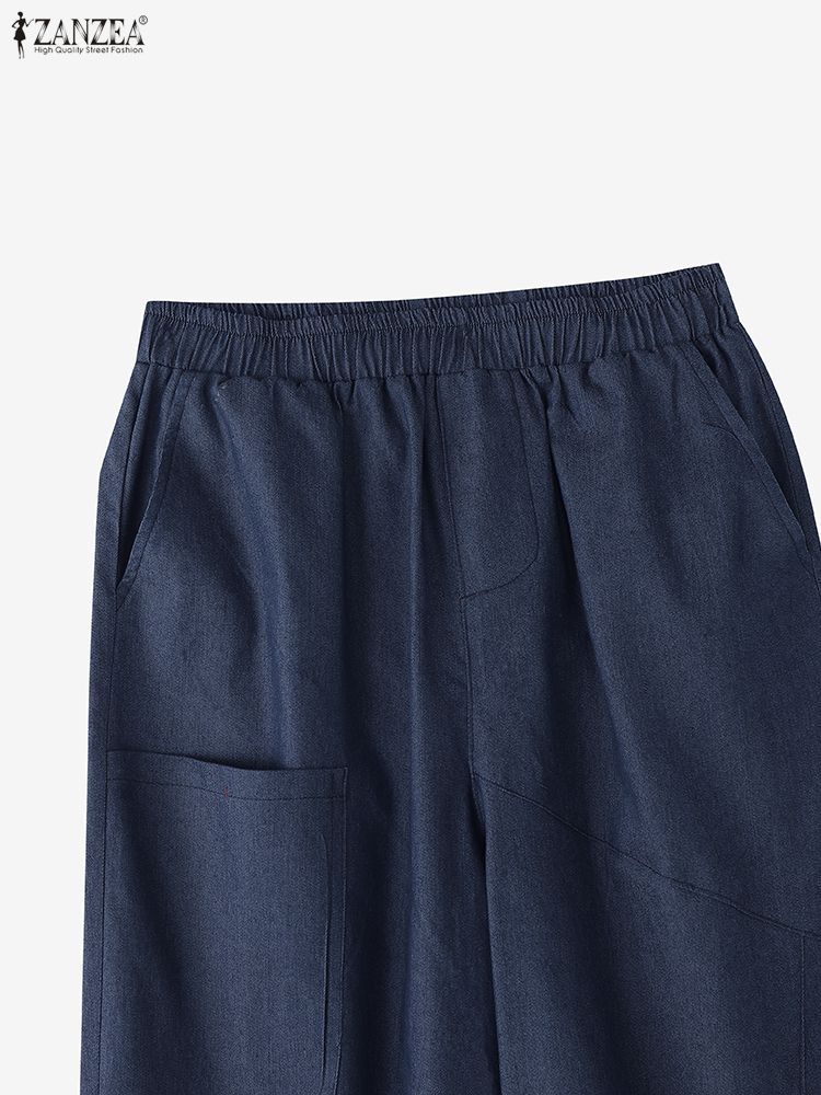 ZANZEA Women Casual Elastic Wasit Solid Color Loose Harem Pants