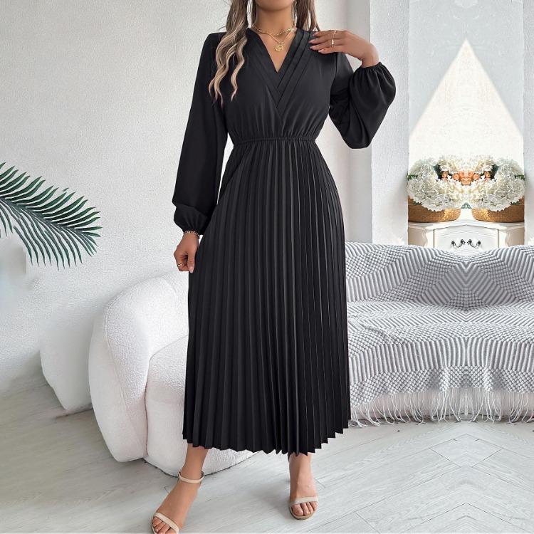 A Line Long Dress Women High Waist Pleated Solid Color V Neck Long Sleeve Spring Summer Fashion