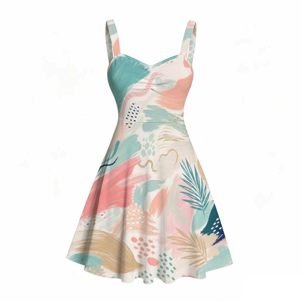 Women S Plus Size Off Shoulder Square Neck Strappy Sleeveless Printed Flared Dress