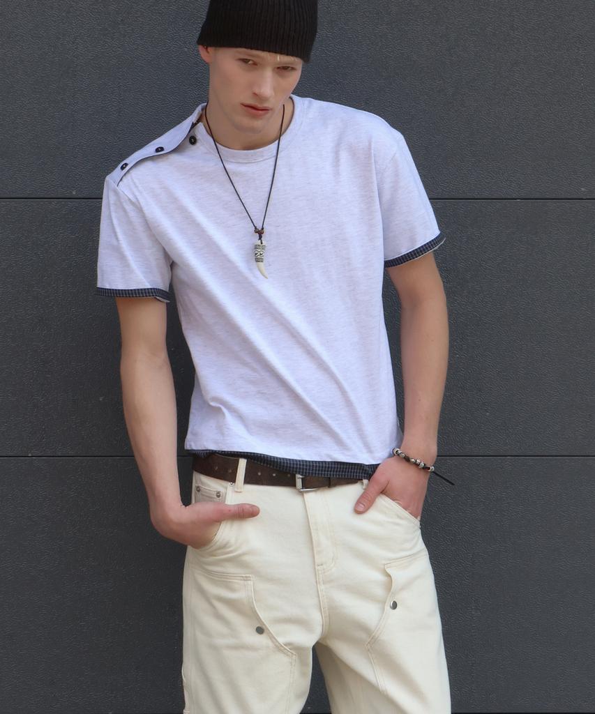 DOFFJASON Shoulder Button Check Layered T-Shirt Melange White