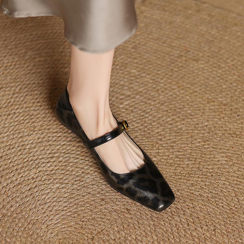 Krazing Pot Cow Skin Spring Summer Size 41 Thick Low Heels Women Square Toe Leopard Metal Buckle Shallow Pumps