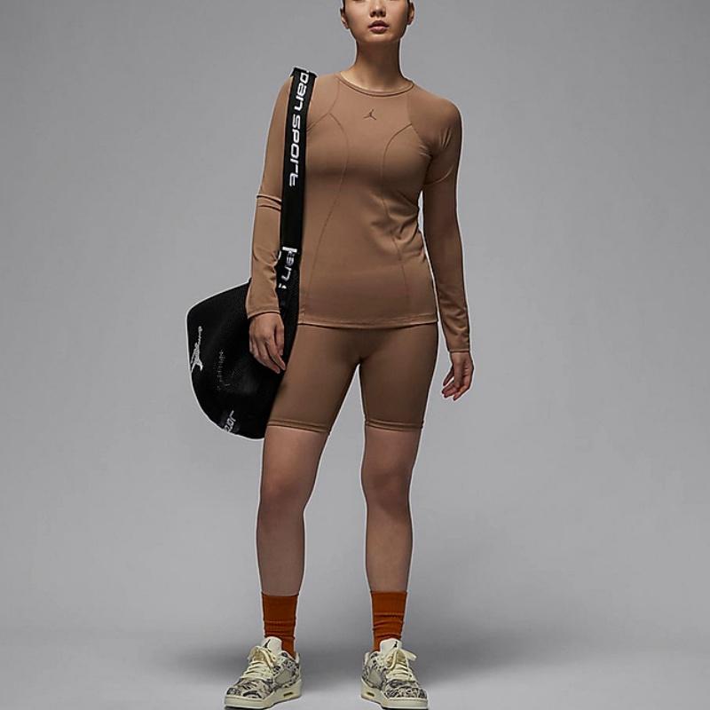 Jordan Solid Logo Round Neck Knit Long Sleeve T-Shirt Women Tops Brown FN5111-223