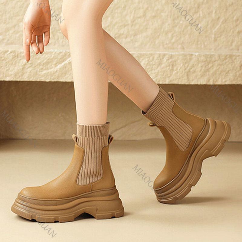 Fashion Knitted Patent Leather Sock Boots for Women Fashion New Thick Bottom Round Head Ankle Boots Casual Spring Autumn Women's Shoes