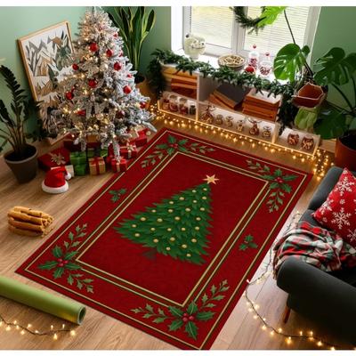 Christmas Decoration Carpet Christmas Tree Print Winter Warmth Rug Living Room Bedroom Non Slip Mat Christmas Decoration Gift