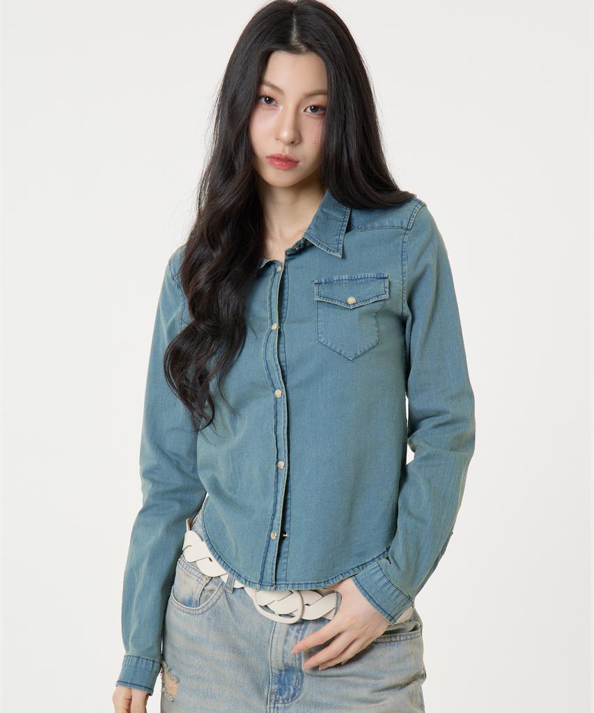 UNKNOWN PLANET Ring Snap Slim Fit Denim Shirt Sand Blue