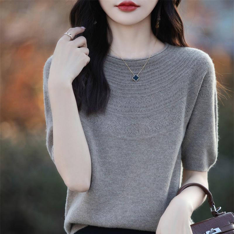 Knitted Short-sleeved T-shirt for Women In Summertime New Loose Pullover Sweater Large Size Round Neck Hollow Inner Layer Bottoming