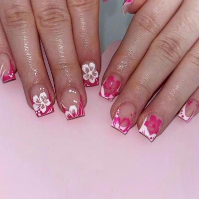 24 Peças de Unhas Postiças Quadradas Curtas com Desenhos de Flores Coloridas Unhas Postiças Francesas Usáveis Unhas de Gel para Colar Acabamento Ballet