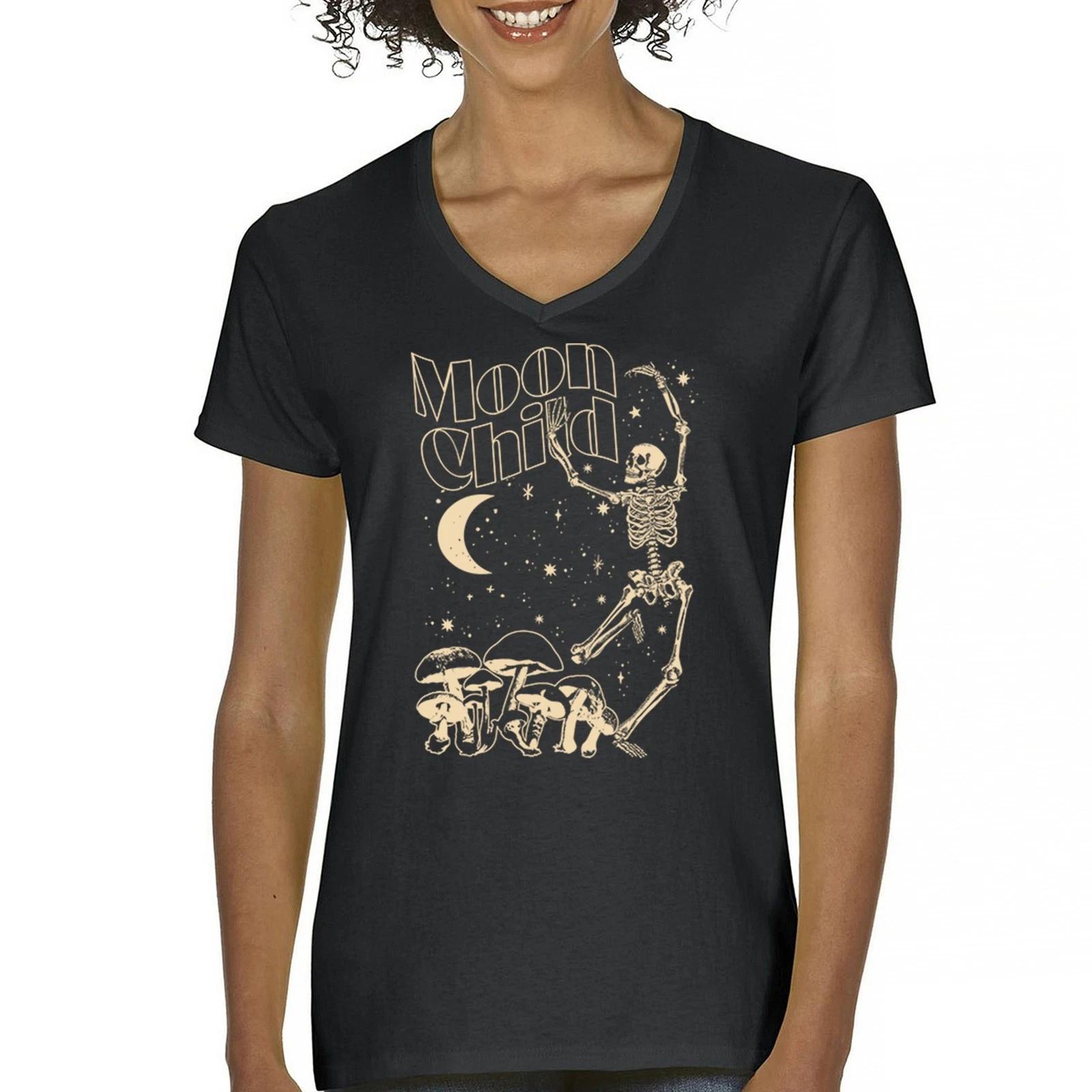 Moon Child Skeleton  V-Neck kids boys T-Shirt Mystic Mushroom Lunar Halloween Tee 140