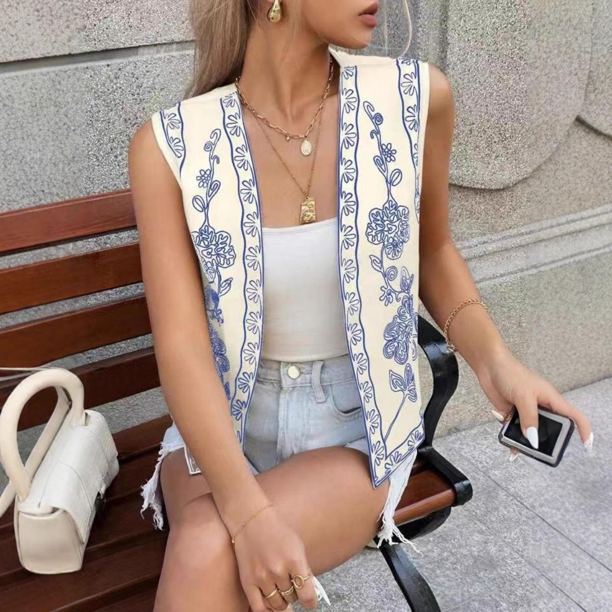 

Spring Summer Vintage Colorblock Open Front Flower Embroidered Vest Top for Women European American Crossbody Fashion S абрикосовый
