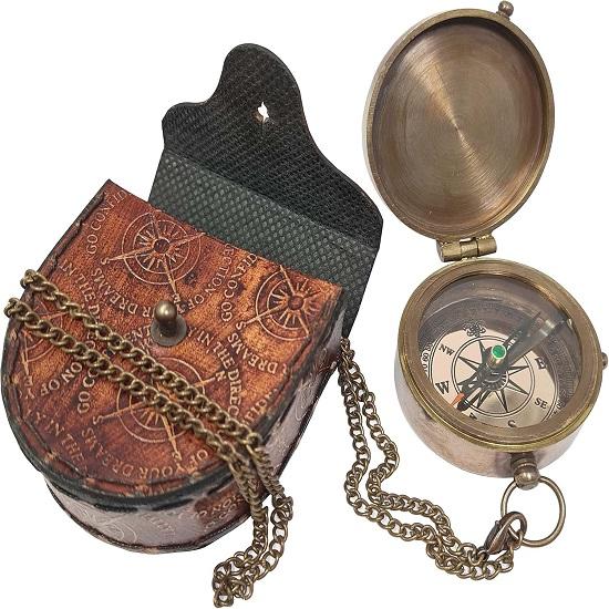 Thoreau's Go Confidently Embossed Solid Brass Compass with Leather Case