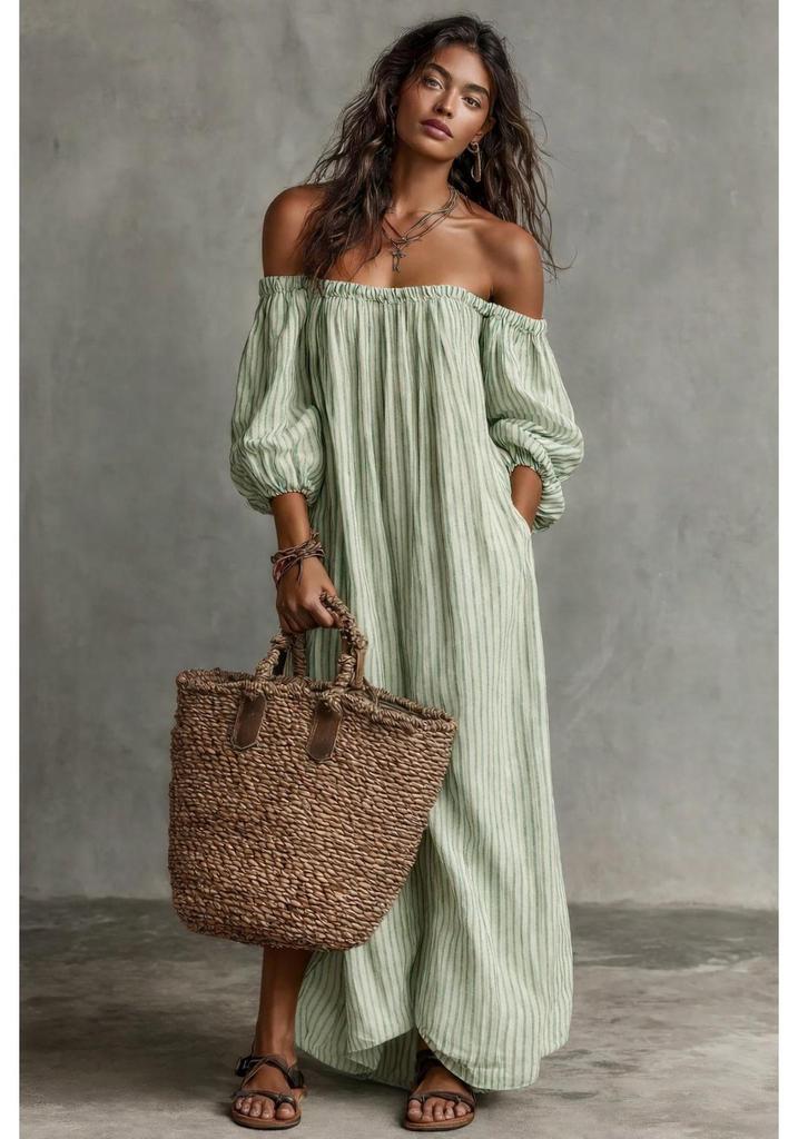 Disponibile 2026: Nuovo Vestito Donna a Righe Off-the-Shoulder Stile Europeo & Americano per Vacanze Primaverili & Estive