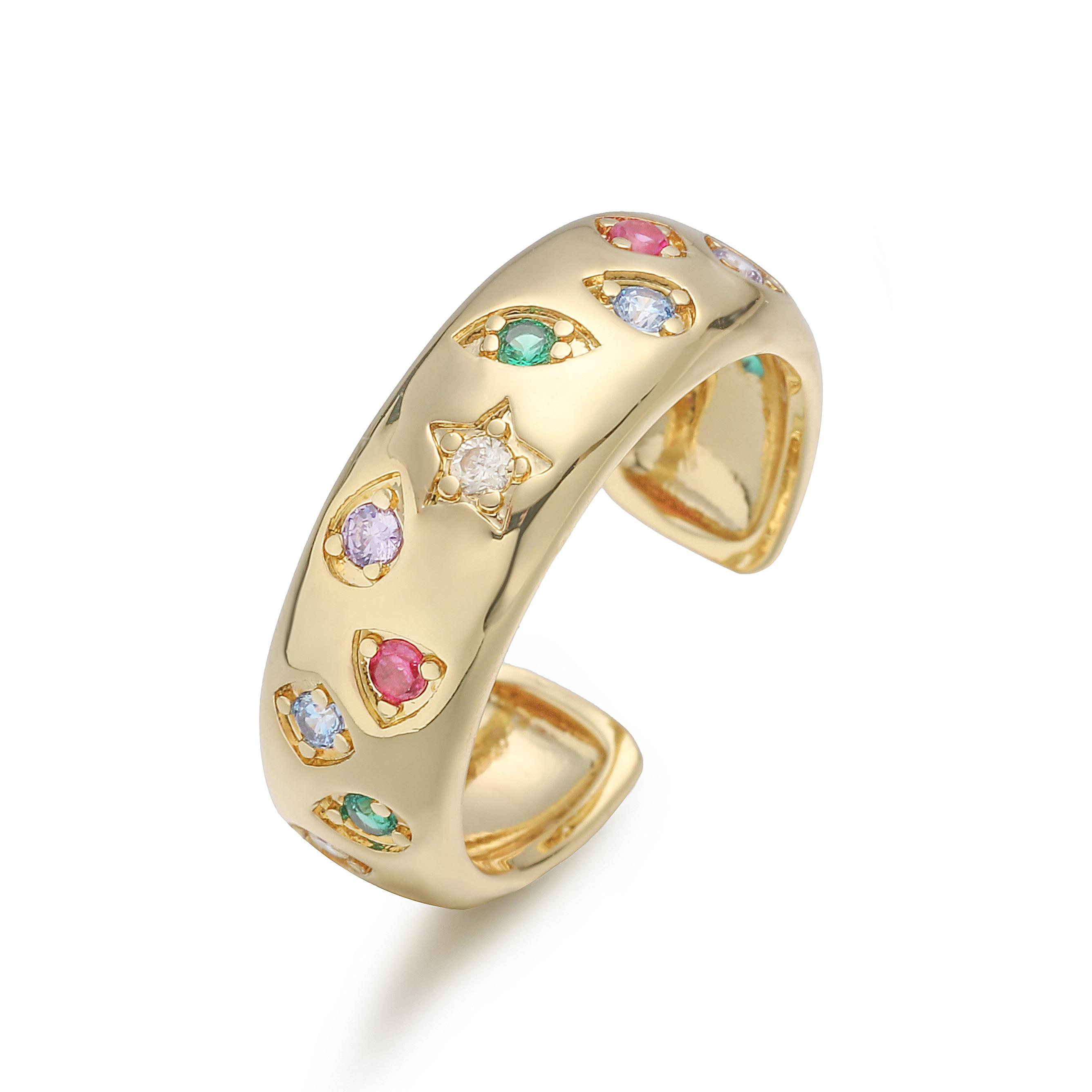 

HECHENG,Colorful Round CZ Star-Shaped Geometric Ring Adjustable Open Band Korean-Style Wide Ring Unisex Zircon 1 Piece resizable
