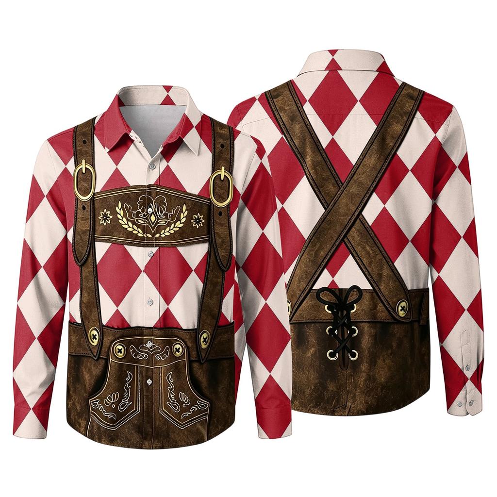 Herren Oktoberfest 3D-Druck Locker geschnitten Langarmhemd Mit Kragen Durchgeknöpftes Hemd Vintage Lässig Atmungsaktives Hemd für die Arbeit im Freien und Party