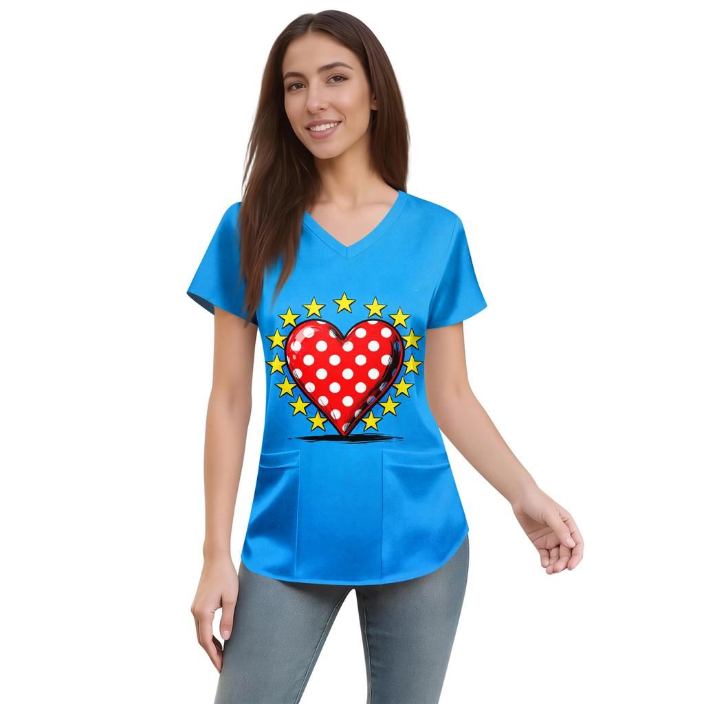 Women's Fashion Printed Short Sleeve V Neck Pattern Tops Pocket Working T-shirts