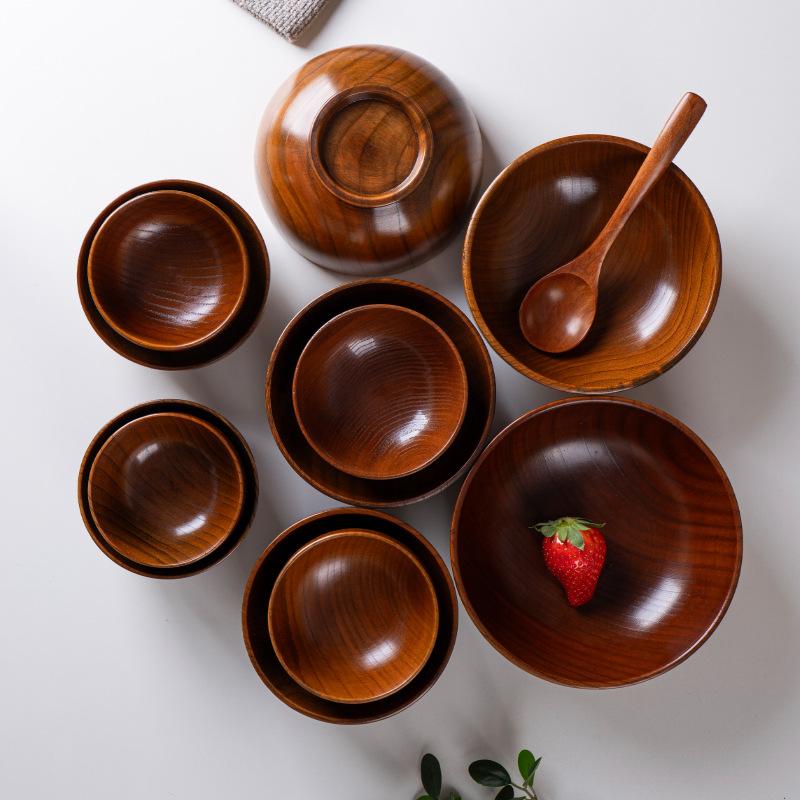 Japanese Style Natural Wooden Bowl Tableware for Fruit Salad Noodle Rice Soup Bowls Kitchen Utensil Dishes Handmade Crafts