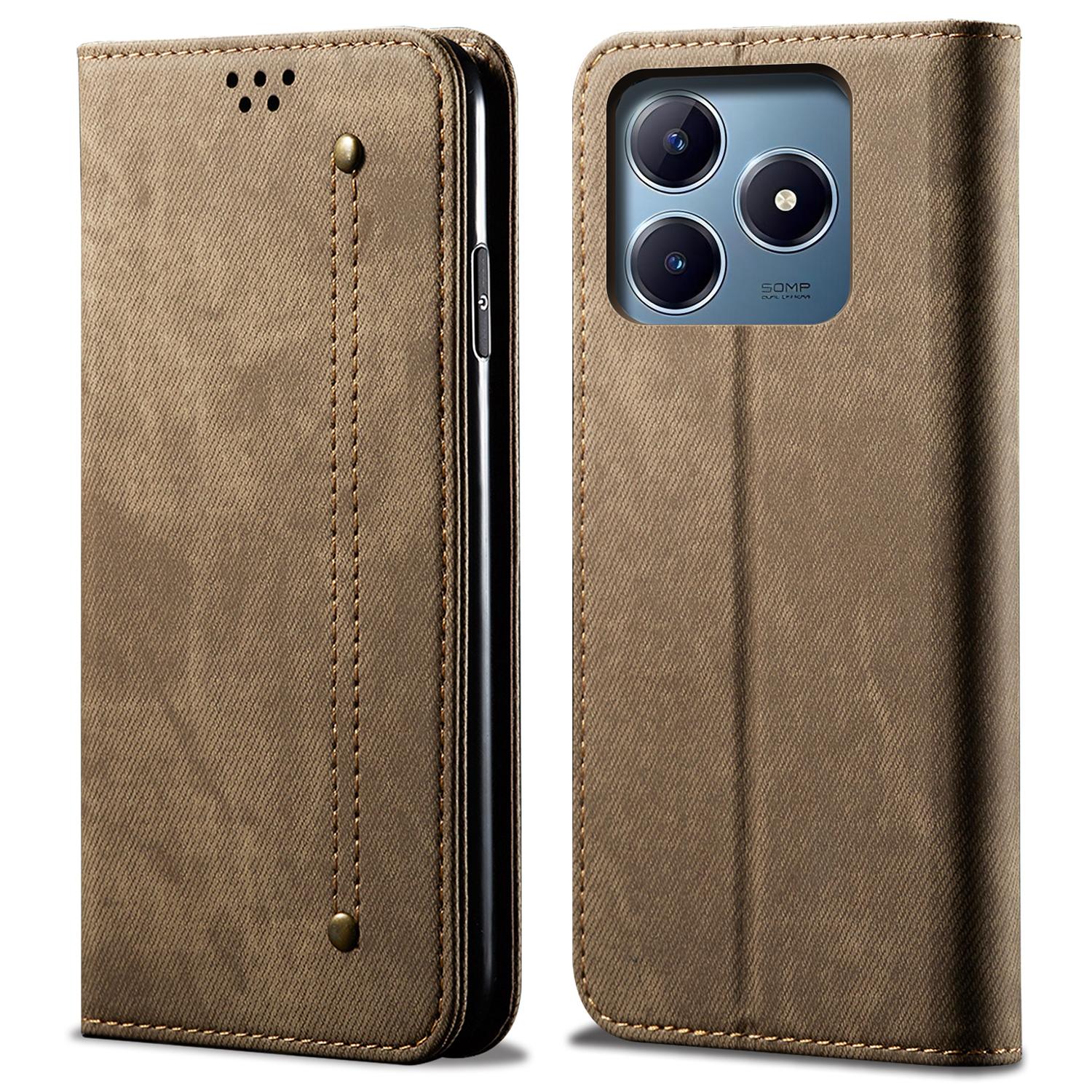 

Для Realme Note 60x 4G/C63 4G/C61 4G Чохол Текстура Джинсової Тканини Шкіряний Гаманець Чохол для Телефону Книжка Підставка Khaki