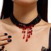 Ingemark Multilayer Red Blood Pattern Imitation Pearl Tassel Pendant Necklace for Women Wed Bridal Beads Chain Halloween Jewelry