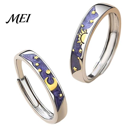 Starry Sky Ring Set Finger Ring, Adjustable Fit Couple Rings, Zinc Alloy Band Matching Bands with Sun Moon Design for Anniversary Daily Wear Romantic