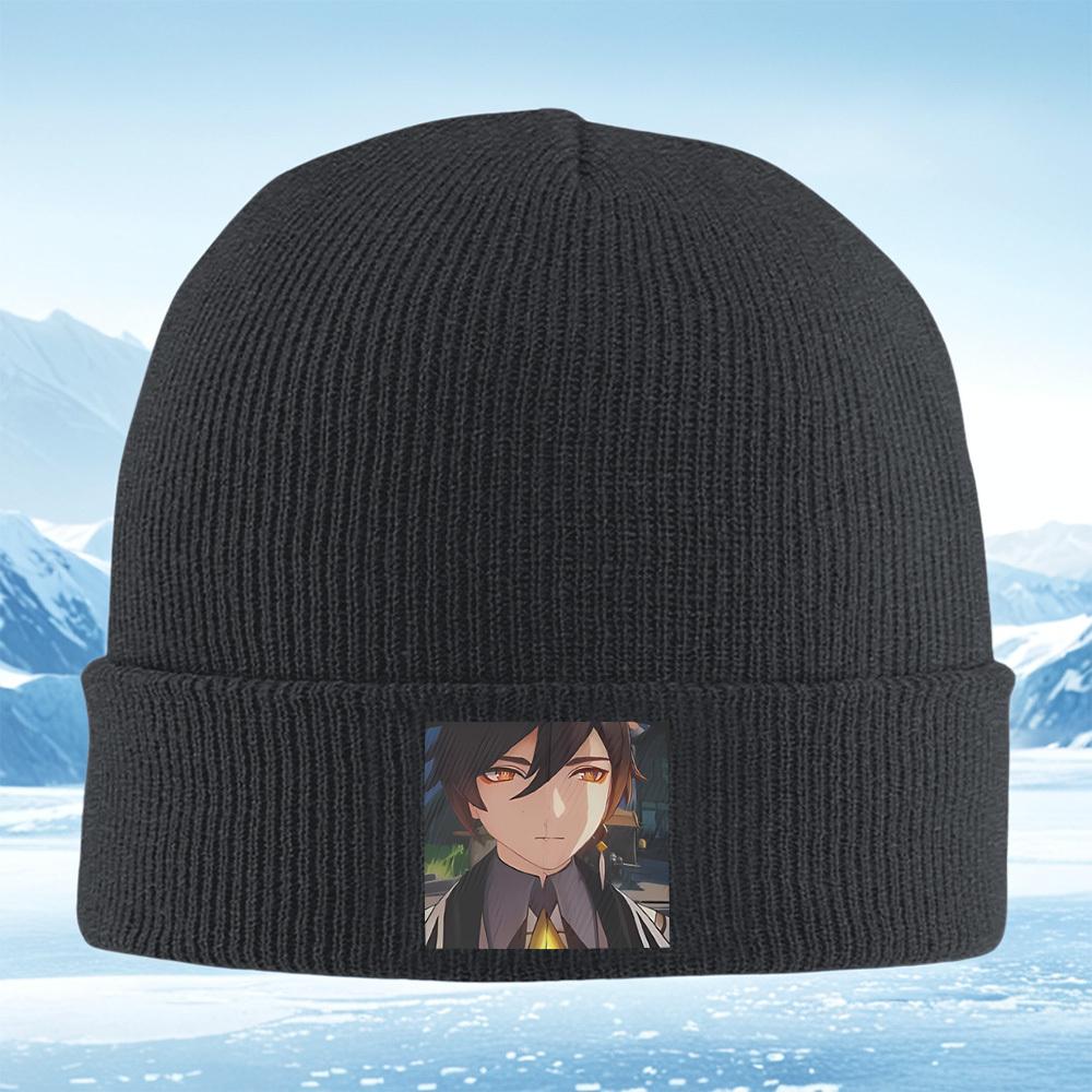Anime Man Face Golden Earrings Dark Hair Men Women Unisex Knitted Hat Beanie Pullover Cap Winter Thermal Warm Christmas Outdoor