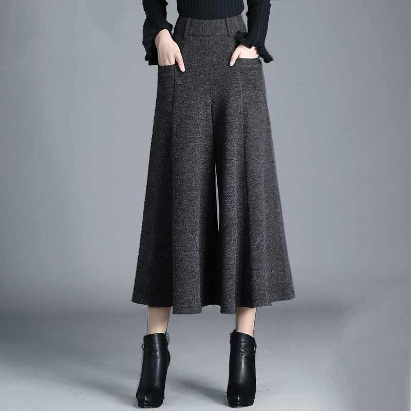 Autumn Winter Women's Woolen Pants Solid Pocket Elastic High Waist Fashion Elegant Loose Wide Leg Ankle Length Trousers
