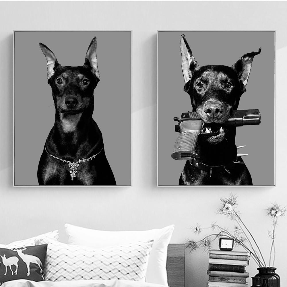 Hypebeast Modern Black White Doberman Gun Luxury Fashion Poster Prints Canvas Painting Wall Art Picture Nordic Room Home Decor