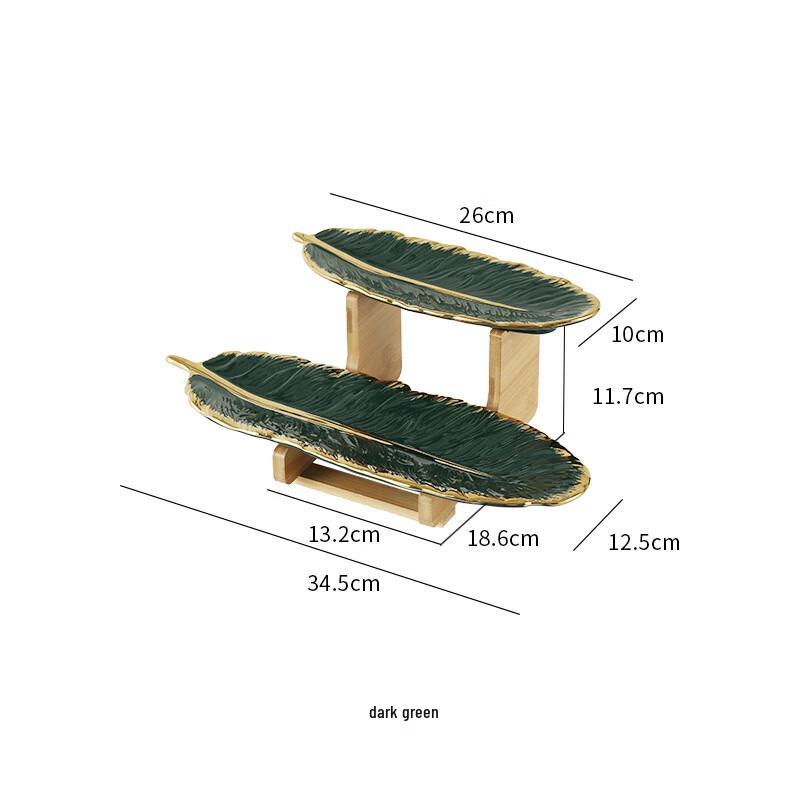 Двухуровневая керамическая подставка для фруктов и десертов с бамбуковой рамой