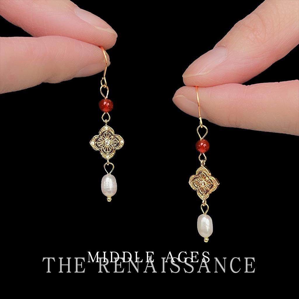 Medieval freshwater pearl hollow four-leaf flower zircon earrings retro literary earrings women