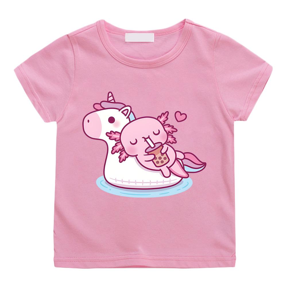 Axolotl Bubble Tea On Unicorn Tshirts Kawaii Anime Print Tops Cute Girl Cotton T-shirts Summer New Versatile Short Sleeve Tees
