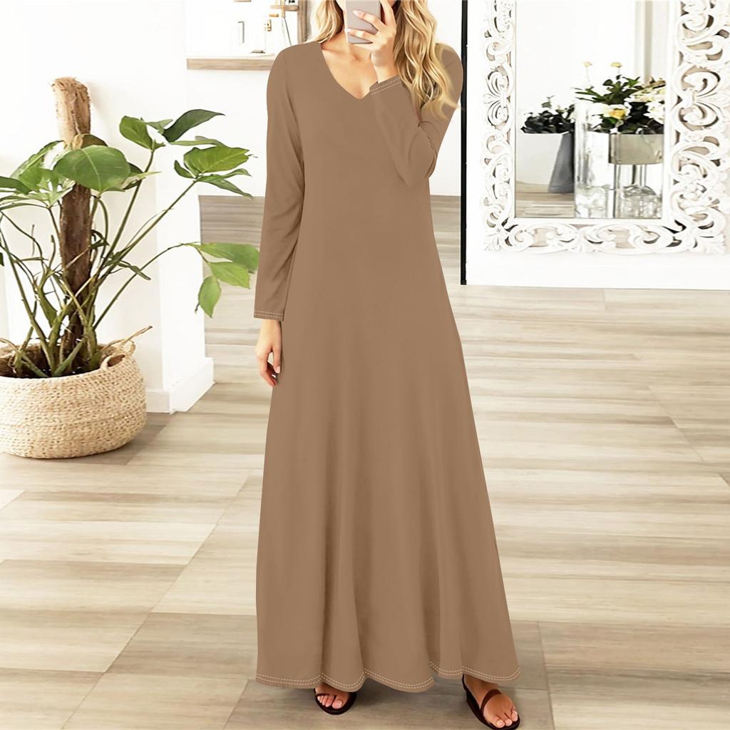 Dámská ležérní móda s dlouhým rukávem jednobarevné vintage dlouhé šaty podzim