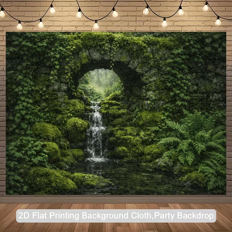 Mossy Stone Arch Backdrop with Waterfall and Ferns Photography Background 47.2x31.5inch/120*80cm