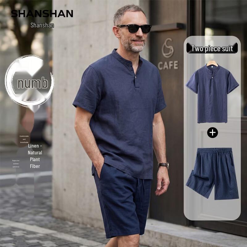 

SHANSHAN Men s Breathable Linen T-Shirt & Shorts Set 2XL