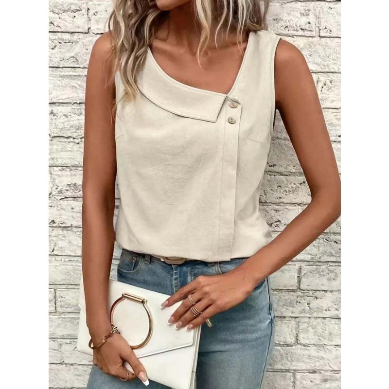 Summer new women's casual slope collar sleeveless regular pullover multi-color women's tops T-shirt