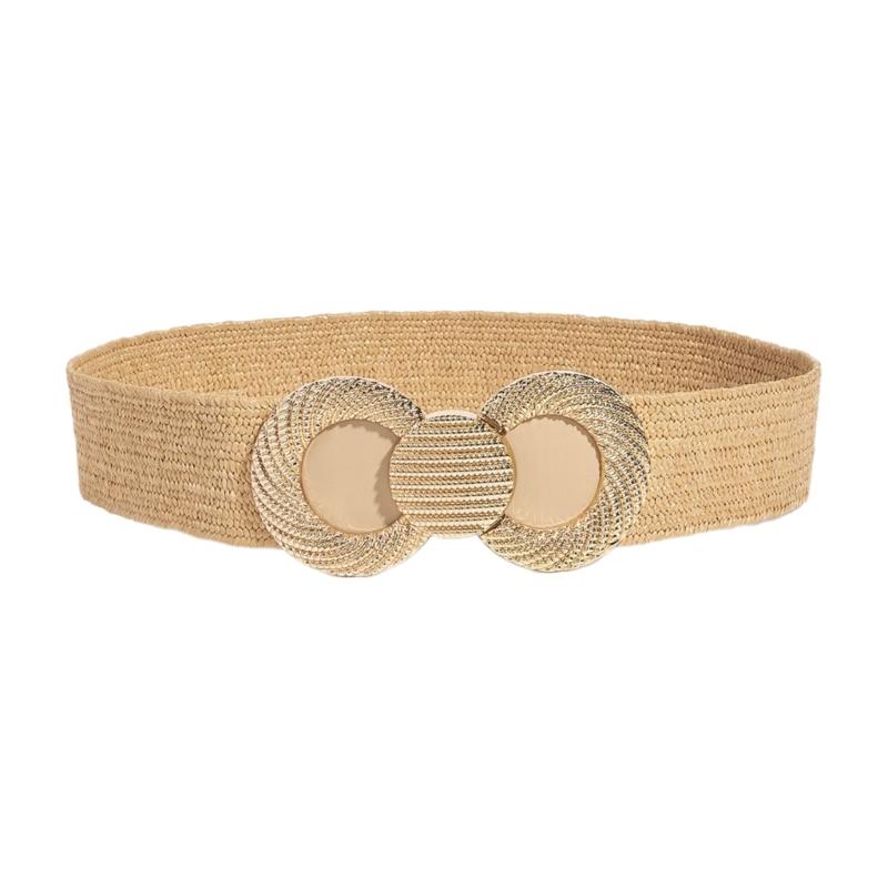 

Women Shirt Waist Belt Straw Weaving Bohemian Style Braided Waist Belt with Gold Buckle Women Dress Shirt Wide Belt 1