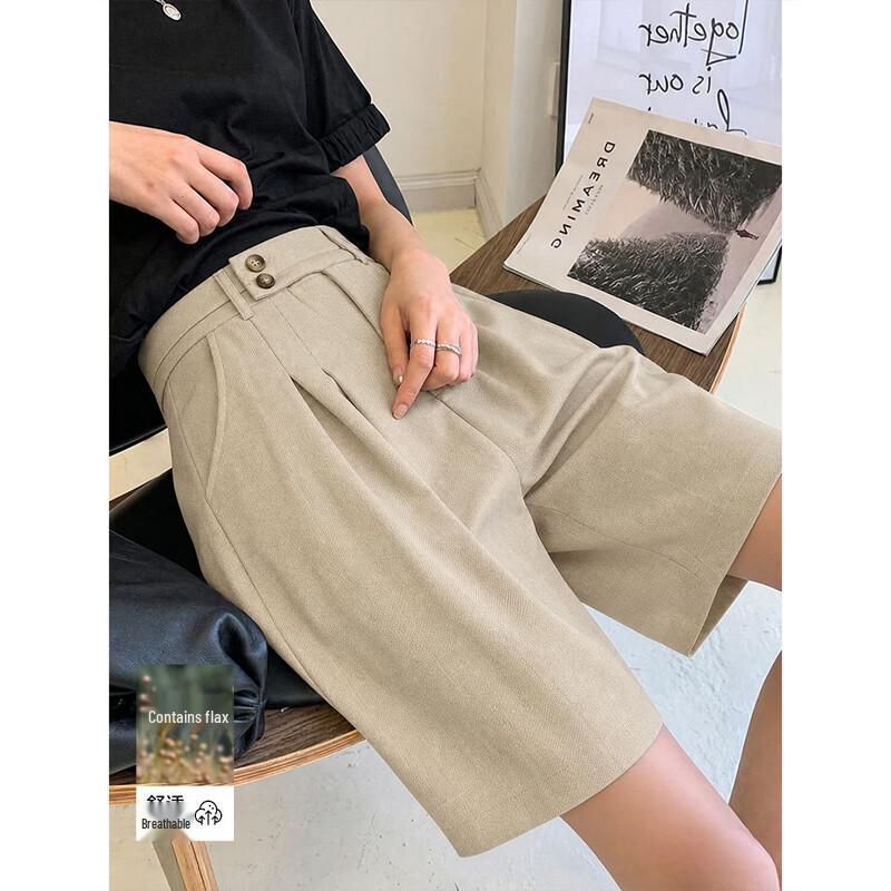 Women s High-Waist Wide-Leg Linen Blend Casual Shorts M