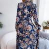 GMXIA Moda Feminina Verão Primavera Vintage Camisa-saia de Amarrar Vestido Longo Estampa Floral Manga Longa Lapela Vestidos Casuais